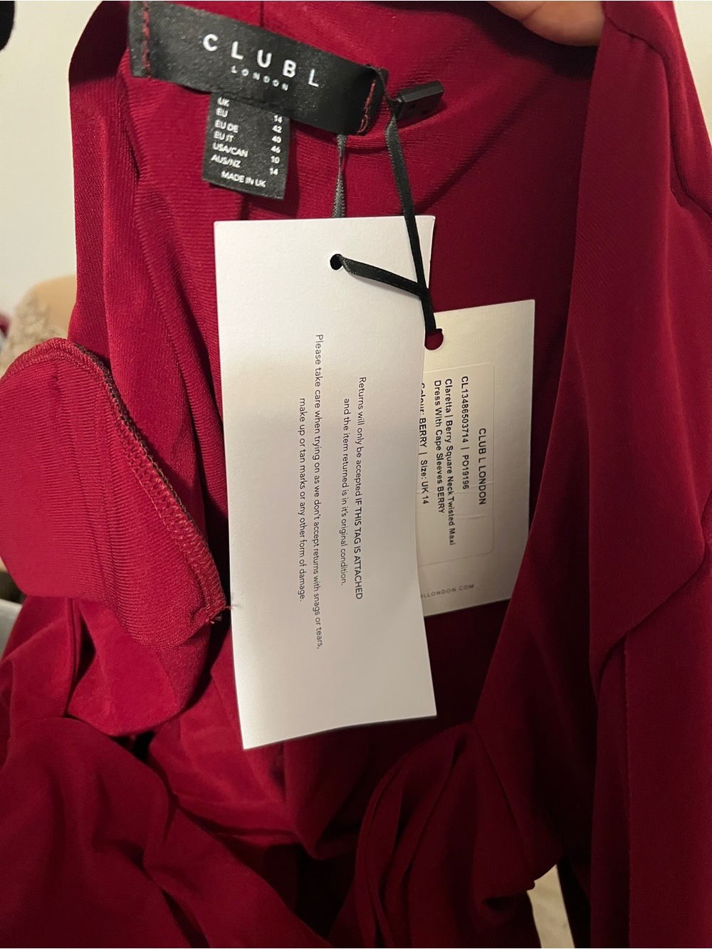 Club London CLARETTA Berry Square Neck Twisted Maxi Dress With Cape Sleeves 10 - Picture 4 of 4